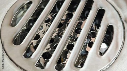 Closeup of a Shiny Metal Drain with Water Droplets.