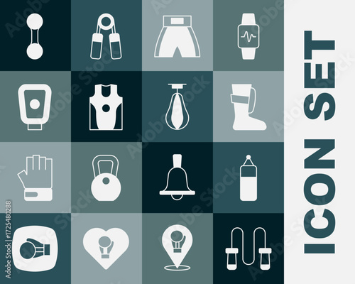 Set Jump rope, Punching bag, Sport boxing shoes, Boxing short, jersey and t-shirt, training paws, Dumbbell and icon. Vector