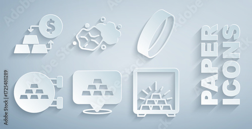 Set Gold bars, ring, Jewelry store, Safe with gold, nugget and exchange money icon. Vector