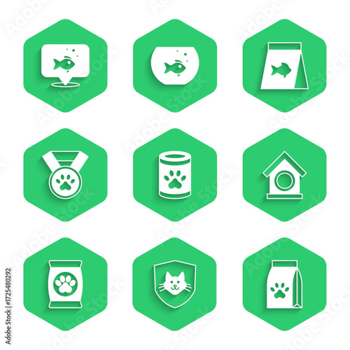 Set Canned food, Animal health insurance, Bag of for pet, Dog house, Pet award symbol, Food fish and Fish icon. Vector