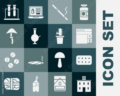 Set Medical hospital building, Pills blister pack, Buying drugs online, Cigarette, Glass bong for smoking marijuana, Psilocybin mushroom, Test tube and flask and Cactus peyote pot icon. Vector