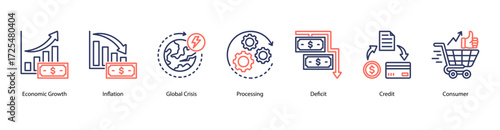 Market Reaction and Recovery web banner vector illustration featuring Economic Growth, Inflation, Global Crisis, Processing, Deficit, Credit, and Consumer.