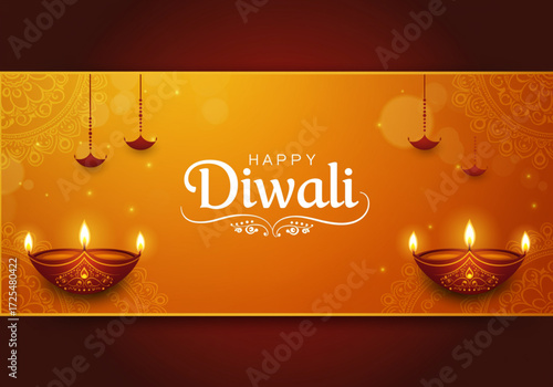 Diwali Festival Night Scene with Burning Diyas and Sparkles vector illustration