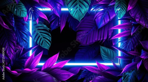 Immersed in a Jungle of Color Teal, Magenta, and Cyan Illuminate the Botanical Night