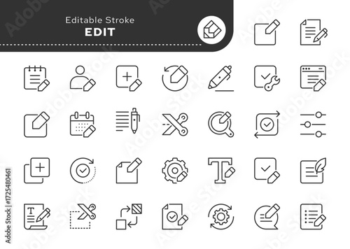 Edit line icon set. Editing, editor, create, correct, fix, write and more. Outline icon in linear style. Vector collection.	
