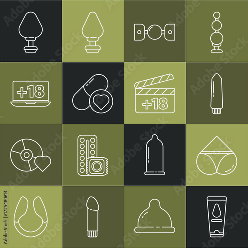 Set line Personal lubricant, Woman panties, Dildo vibrator, Silicone ball gag with belt, Pills for potency, aphrodisiac, Laptop 18 plus content, Anal plug and Movie clapper icon. Vector