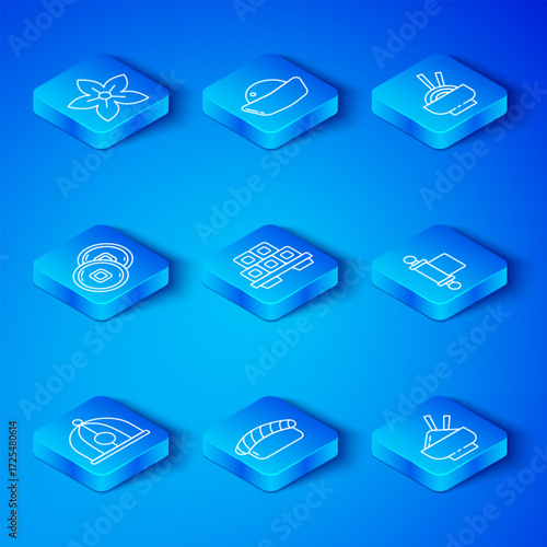 Set line Chinese hat, Sushi on cutting board, Decree, paper, parchment, scroll, Asian noodles bowl, Yuan currency, Lotus flower and Rice with chopstick icon. Vector