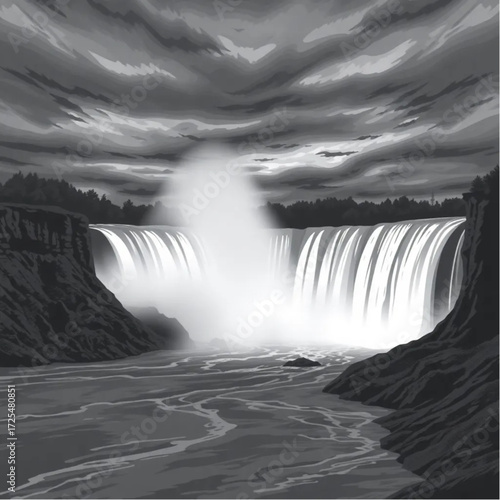 A surreal depiction of Niagara Falls during twilight in autumn, under stormy conditions, capturing unique natural textures and atmospheric mood.