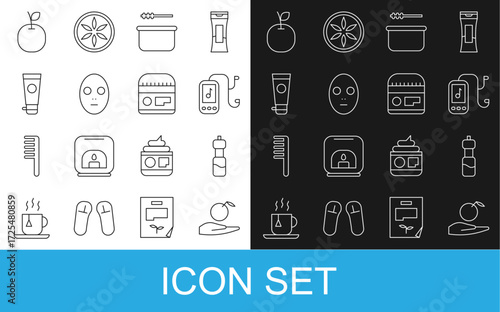 Set line Apple in hand, Bottle of water, Music player, Sauna bucket ladle, Facial cosmetic mask, Cream or lotion tube, and icon. Vector