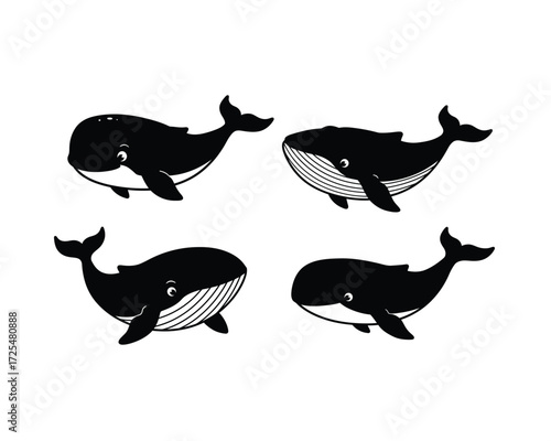 Four stylized black silhouette illustrations of humpback whales swimming in the ocean with white backgrounds and detailed line art