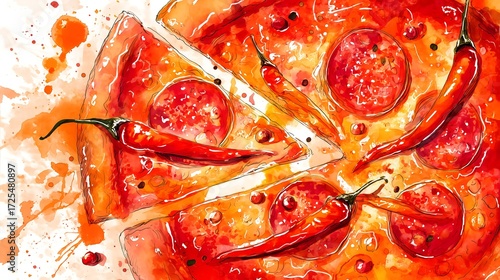 Spicy Pizza Diavola Watercolor Food Art