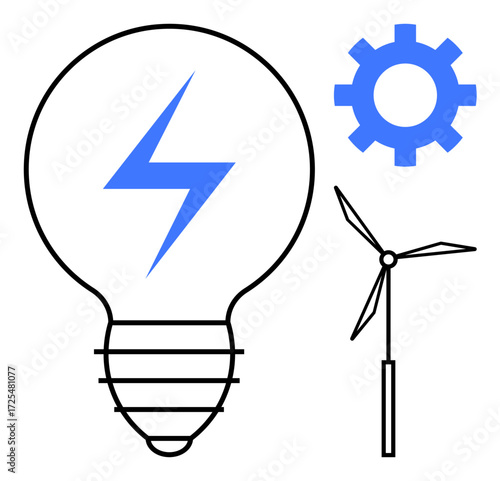 Light bulb with lightning bolt, wind turbine, blue gear symbolizing energy, sustainability, and progress. Ideal for energy, technology, sustainability, innovation environment progress power