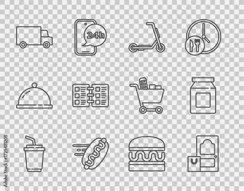 Set line Paper glass with water, Online ordering and delivery, Scooter, hotdog, Fast by car, Restaurant cafe menu, Burger and icon. Vector