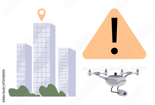 Drone hovering near urban skyscrapers with a location pin and a triangular warning sign. Ideal for urban technology, safety concerns, drone regulations, navigation, delivery tech, cautionary