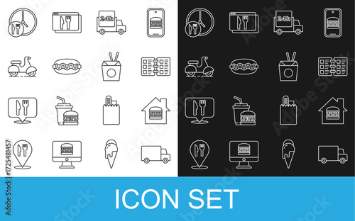 Set line Fast delivery by car, Online ordering and, Restaurant cafe menu, Hotdog sandwich, Scooter, Round the clock and Asian noodles chopsticks icon. Vector