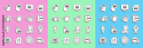Set line Fast delivery by car, Cafe and restaurant location, Food ordering, Online burger, Coffee cup to go, and noodles icon. Vector