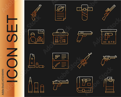 Set line Hand smoke grenade, Revolver gun, Military ammunition box, Knife holster, Advertising weapon, and Pistol or icon. Vector