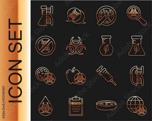 Set line GMO, Genetically modified meat, Test tube and flask, Petri dish with bacteria, Biohazard symbol, Stop, DNA research, search and icon. Vector