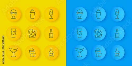 Set line Wine glass, Glass of beer, whiskey, Whiskey bottle, Champagne, Alcohol bar location, champagne and Cocktail shaker icon. Vector