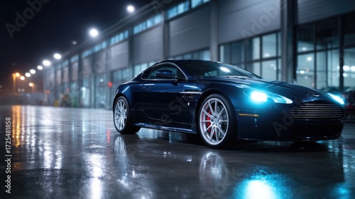 Sleek Dark Blue Sports Car Parked on Wet Pavement at Night