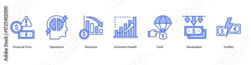 Financial Crisis Indicators web banner vector illustration featuring Financial Crisis, Depression, Recession, Economic Growth, Fund, Devaluation, and Conflict.