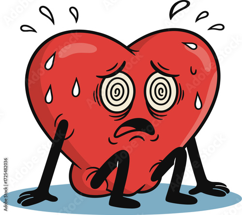 Cartoon heart character, stressed heart illustration, emotional love symbol, funny heart design, sad heart icon, anxiety expression, confused cartoon heart