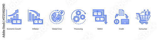 Market Reaction and Recovery web banner vector illustration featuring Economic Growth, Inflation, Global Crisis, Processing, Deficit, Credit, and Consumer.