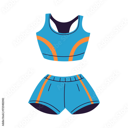 Sporty women's athletic outfit, a blue crop top and shorts. Vector illustration, hand drawn, flat, doodle design. Sports T-shirt and shorts. Sportswear for gym workouts. Jogging suit 