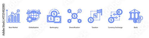 Global Economy and Risk web banner vector illustration featuring Globalization, Bankruptcy, Diversification, Taxation, Currency Exchange, Bank, and Recovery.