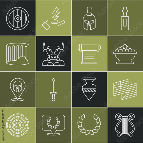 Set line Ancient lyre, Greece national flag, Olives in bowl, Greek helmet, Minotaur, column, shield and Decree, parchment, scroll icon. Vector