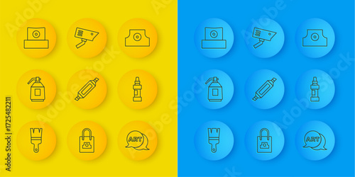 Set line Paint brush, spray gun, Marker pen, Speech bubble with text art, Spray can nozzle cap, and Security camera icon. Vector