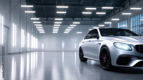 Sleek Silver Luxury Car Showcase in Bright Industrial Automotive Background with Overhead Lighting