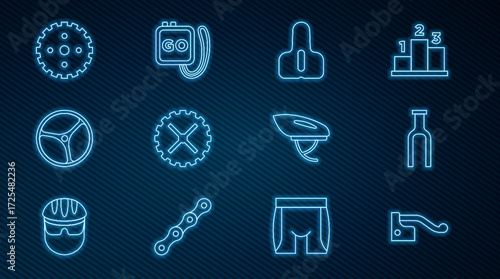 Set line Bicycle brake, fork, seat, sprocket crank, wheel, helmet and Stopwatch icon. Vector