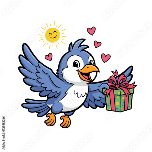 Charming Blue Bird Delivers a Gift, Surrounded by Hearts and Sunshine, A Delightful Illustration