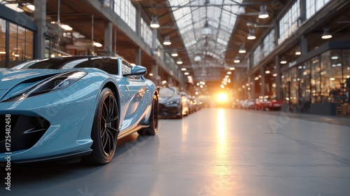 Sleek Turquoise Sports Car on Concrete Floor in Illuminated Automotive Showroom with Long Rows of Cars