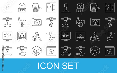Set line 3D printer, gun, cube, Filament for, Printing house industry, wrench spanner, model and Graphing paper engineering icon. Vector