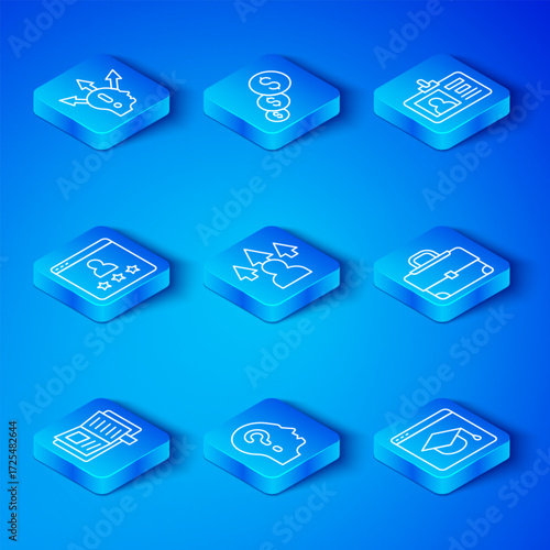 Set line Reading book, Front end development, Head with question mark, Briefcase, Identification badge, Customer product rating, Project team base and Online education icon. Vector