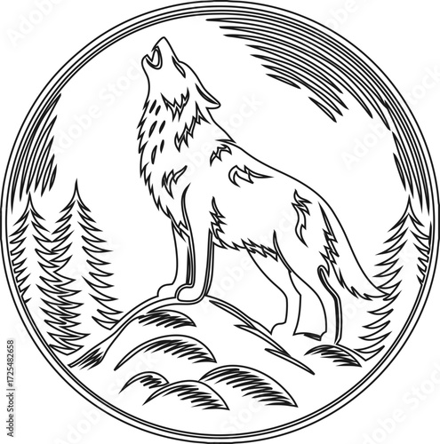 Elegant wolf line illustration in howling pose, great for camping gear logos, tattoo design, and nature branding.