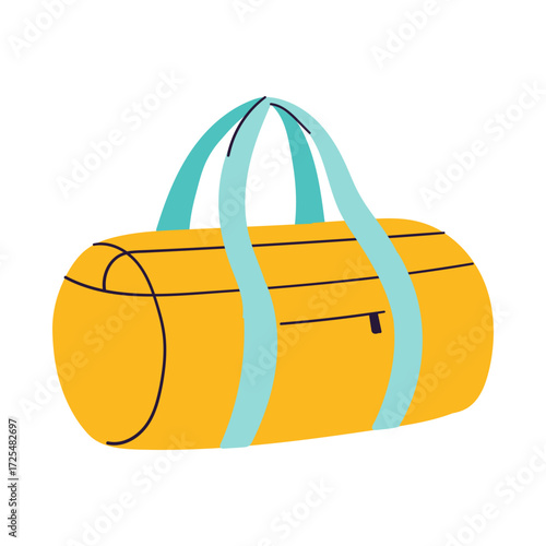 Bright yellow duffel bag. Light blue straps. Simple, modern trendy banner. Travel theme. Vector illustration, hand drawn, flat, doodle design. Gym equipment bag icon. Sports bag. Carry-on baggage