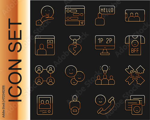 Set line Chat messages on laptop, BFF or best friends forever, Acquaintance, Necklace with heart shaped, Video chat conference, Happy friendship day and Computer monitor screen icon. Vector