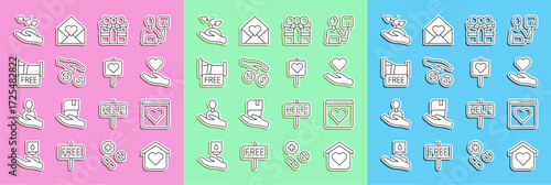 Set line Shelter for homeless, Dating app online, Heart hand, Gift box, Donation charity, Free overnight stay house, Volunteer team planting trees and Location with heart icon. Vector