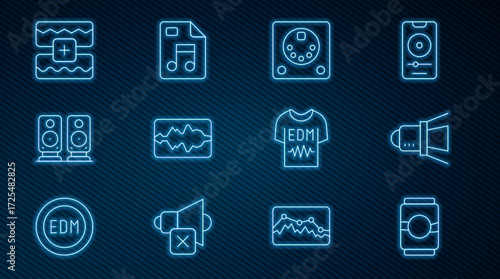 Set line Beer can, Movie spotlight, Drum machine, Music wave equalizer, Stereo speaker, T-shirt and MP3 file document icon. Vector