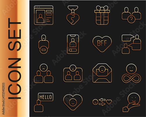 Set line Happy friendship day, Friends forever, Two sitting men talking, Gift box, Incoming call on mobile, Loss of, Dating online and BFF best icon. Vector