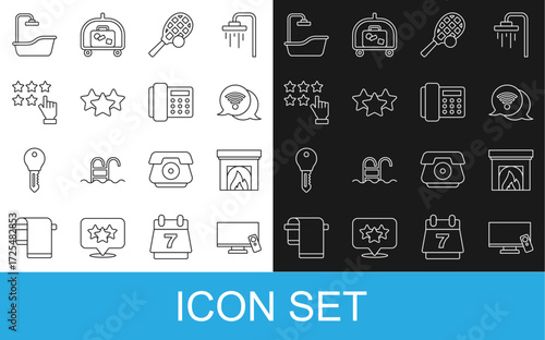 Set line Smart Tv, Interior fireplace, Wi-Fi wireless internet, Tennis racket with ball, Stars rating, Bathtub and Telephone handset icon. Vector