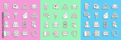 Set line Towel on hanger, Digital door lock, Taxi car, Hotel service bell, key, Stars rating, and Stairs icon. Vector