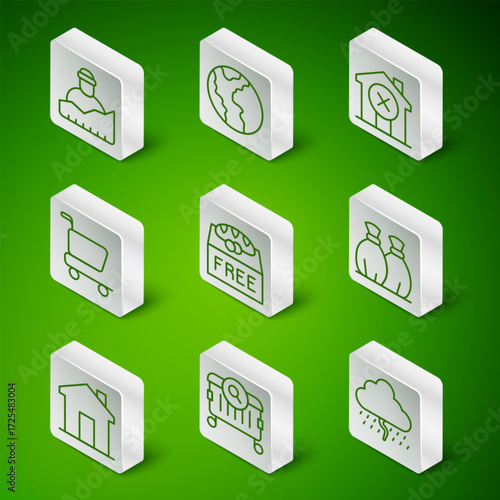 Set line Cloud with rain, Searching for food, Growth of homeless, Donation, Shopping cart, Global economic crisis, Real estate and Garbage bag icon. Vector
