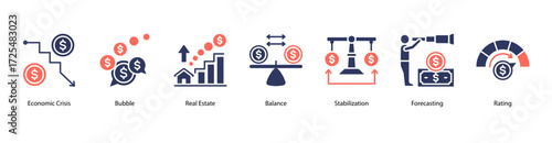 Forecasting and Stabilization web banner vector illustration featuring Bubble, Real Estate, Balance, Stabilization, Forecasting, and Rating.