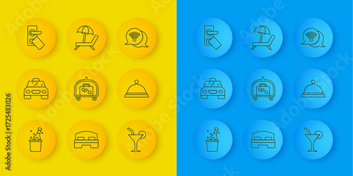 Set line Bottle of champagne, Taxi car, Hotel luggage cart, Cocktail, Covered with tray food, Digital door lock, Wi-Fi wireless internet and Sunbed umbrella icon. Vector