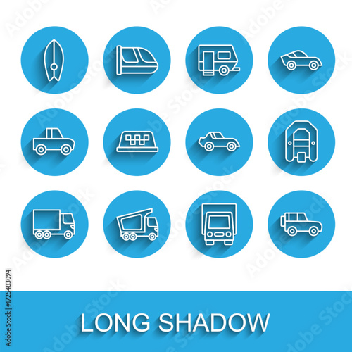 Set line Delivery cargo truck, Surfboard, Off road, Taxi roof, Rafting boat and Car icon. Vector