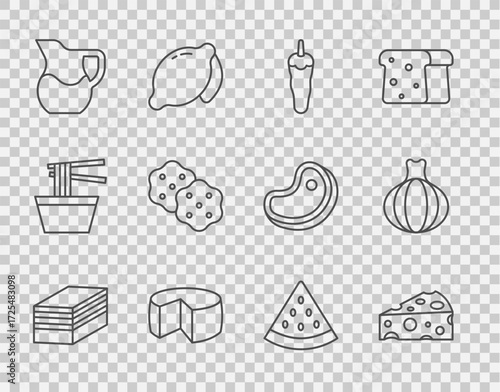 Set line Piece of cake, Cheese, Hot chili pepper, Jug glass with milk, Cracker biscuit, Watermelon and Onion icon. Vector
